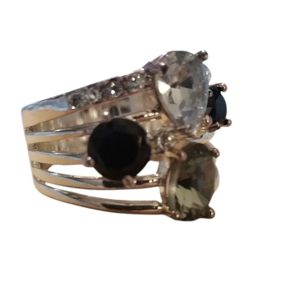 Silver Plated Grey, Onyx, and Clear Cubic Zirconia Ring Size 7